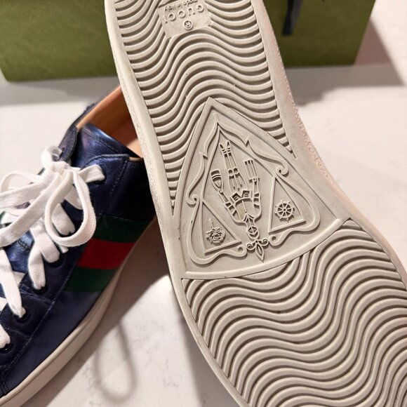 GUCCI Ace Metallic Blue Leather Crystal Arrow Men's Sneakers - Picture 9 of 9